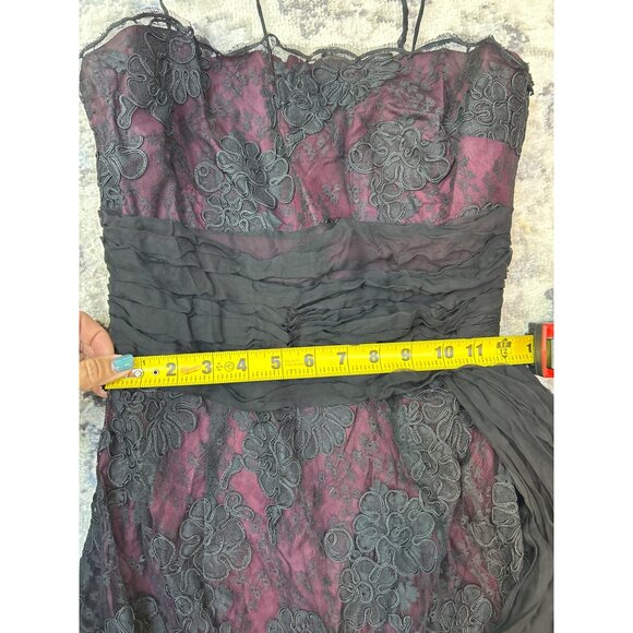 Vintage 50' s 60's Black Lace Overlay Burgundy Whimsygoth Crepey Delicate Floral - Picture 13 of 16